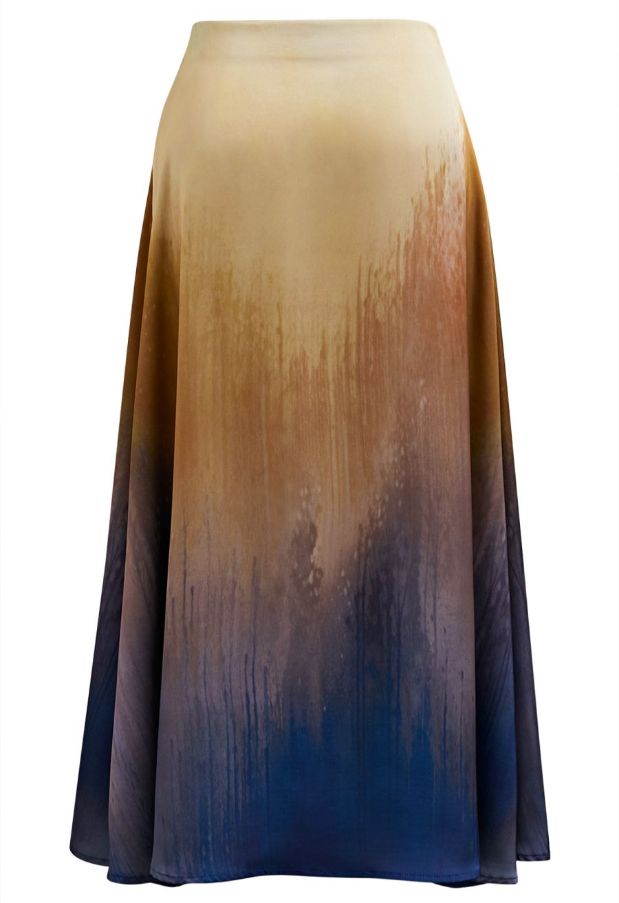 Ombre Dyeing Satin Flare Skirt