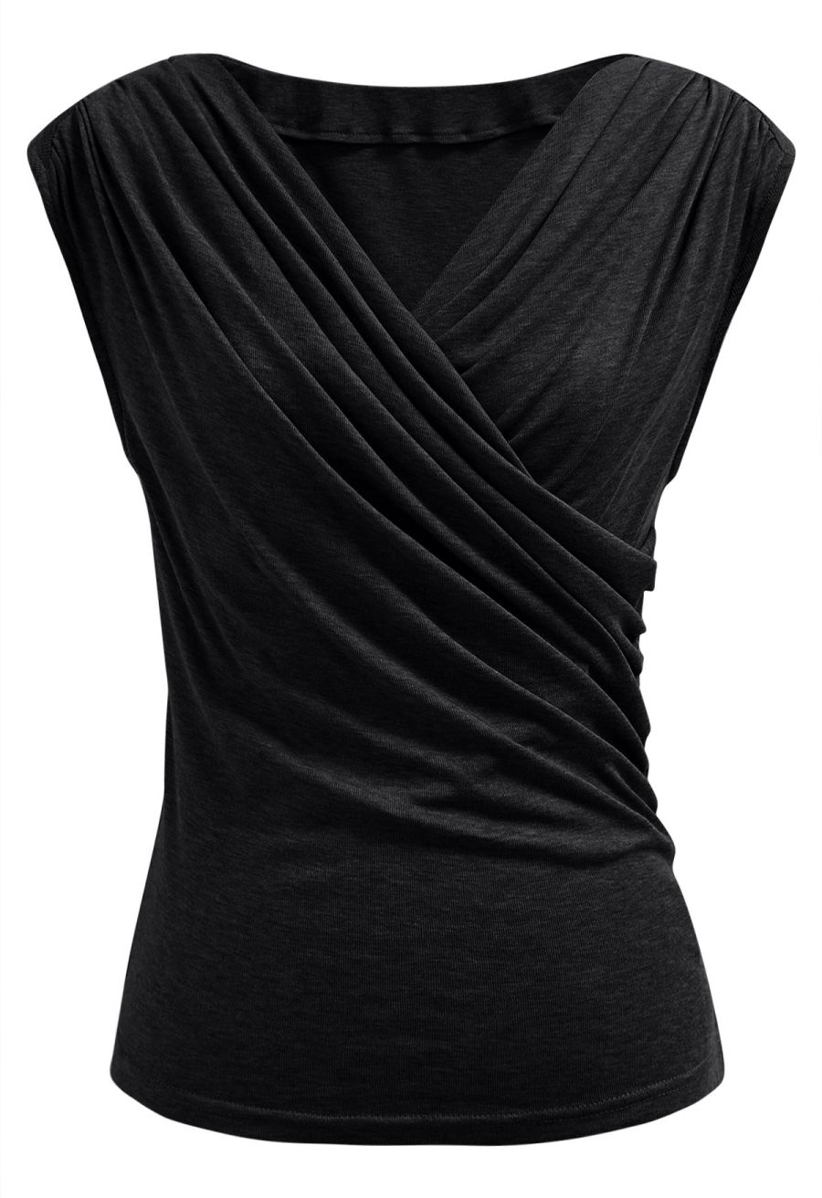 Ruched Faux-Wrap Sleeveless Top in Black