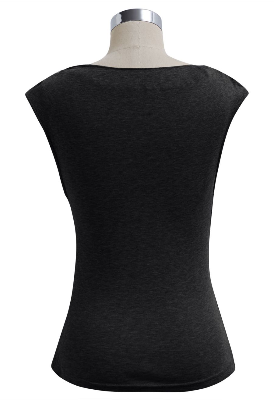 Ruched Faux-Wrap Sleeveless Top in Black