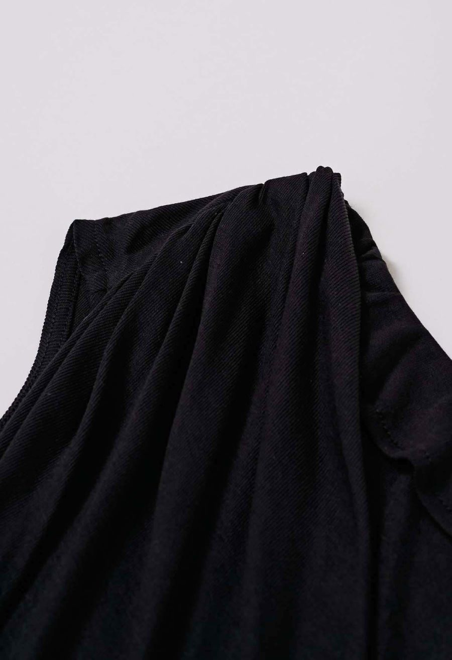 Ruched Faux-Wrap Sleeveless Top in Black