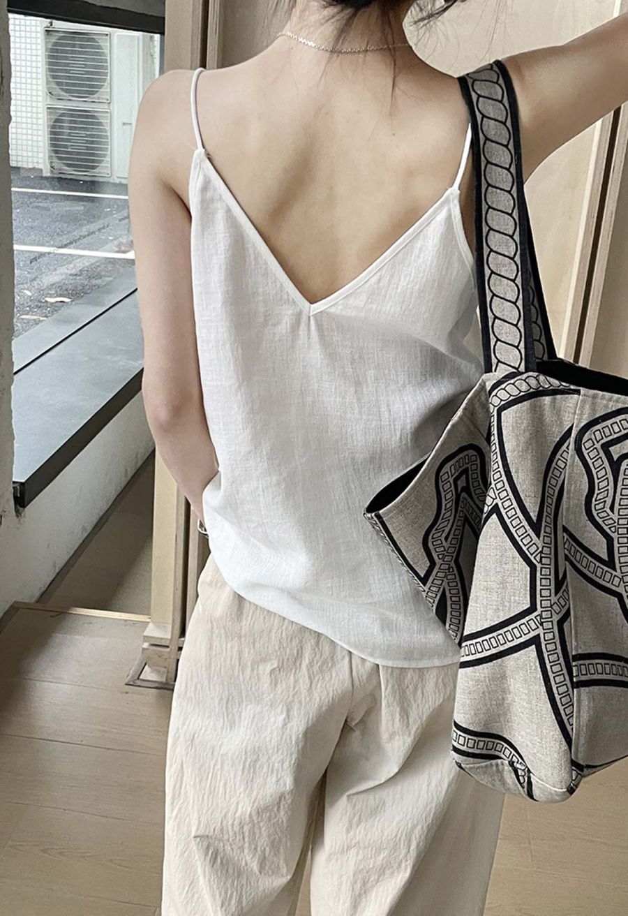 Floral Lace Trimmed Linen-Blend Cami Top in White