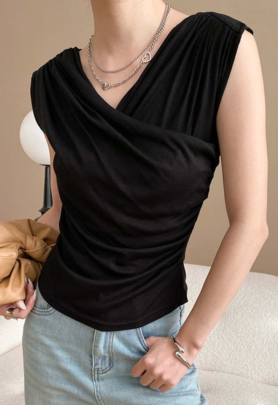 Ruched Faux-Wrap Sleeveless Top in Black