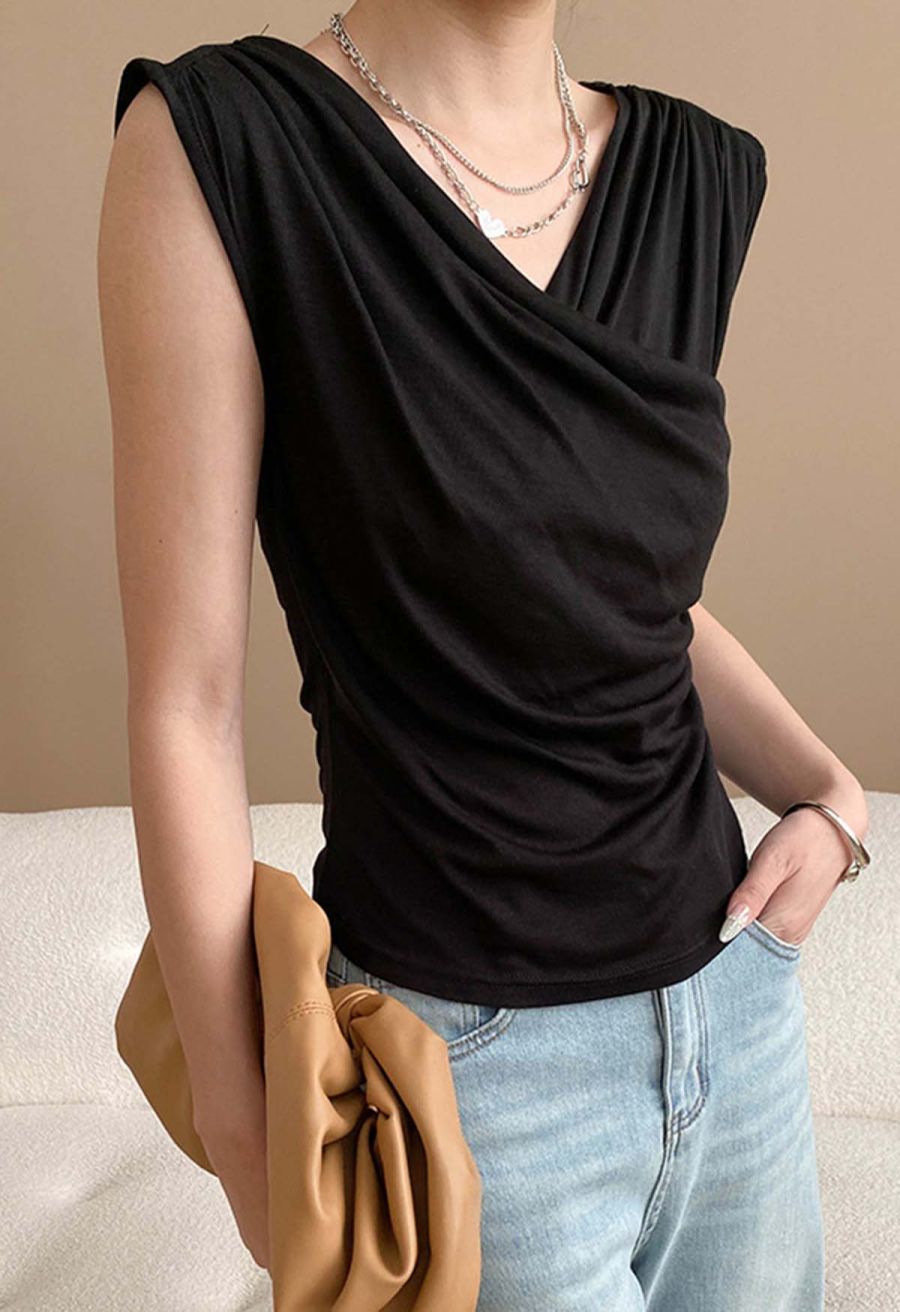 Ruched Faux-Wrap Sleeveless Top in Black