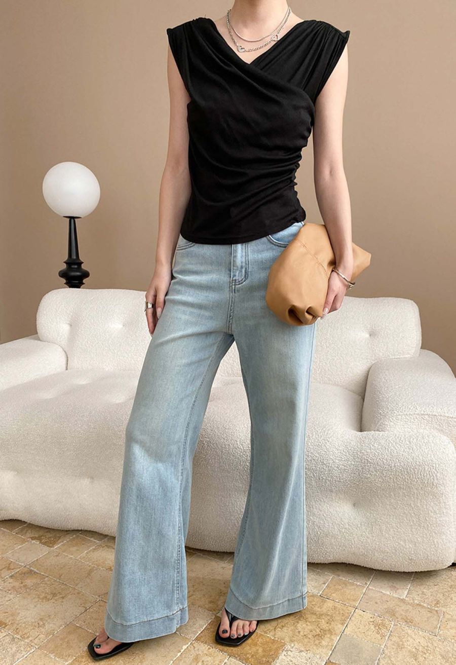 Ruched Faux-Wrap Sleeveless Top in Black
