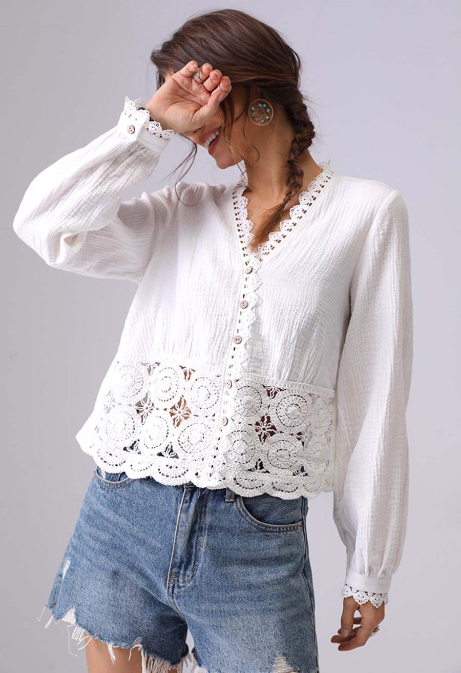 V-Neck Floral Cutwork Lace Trimmed Cotton Top