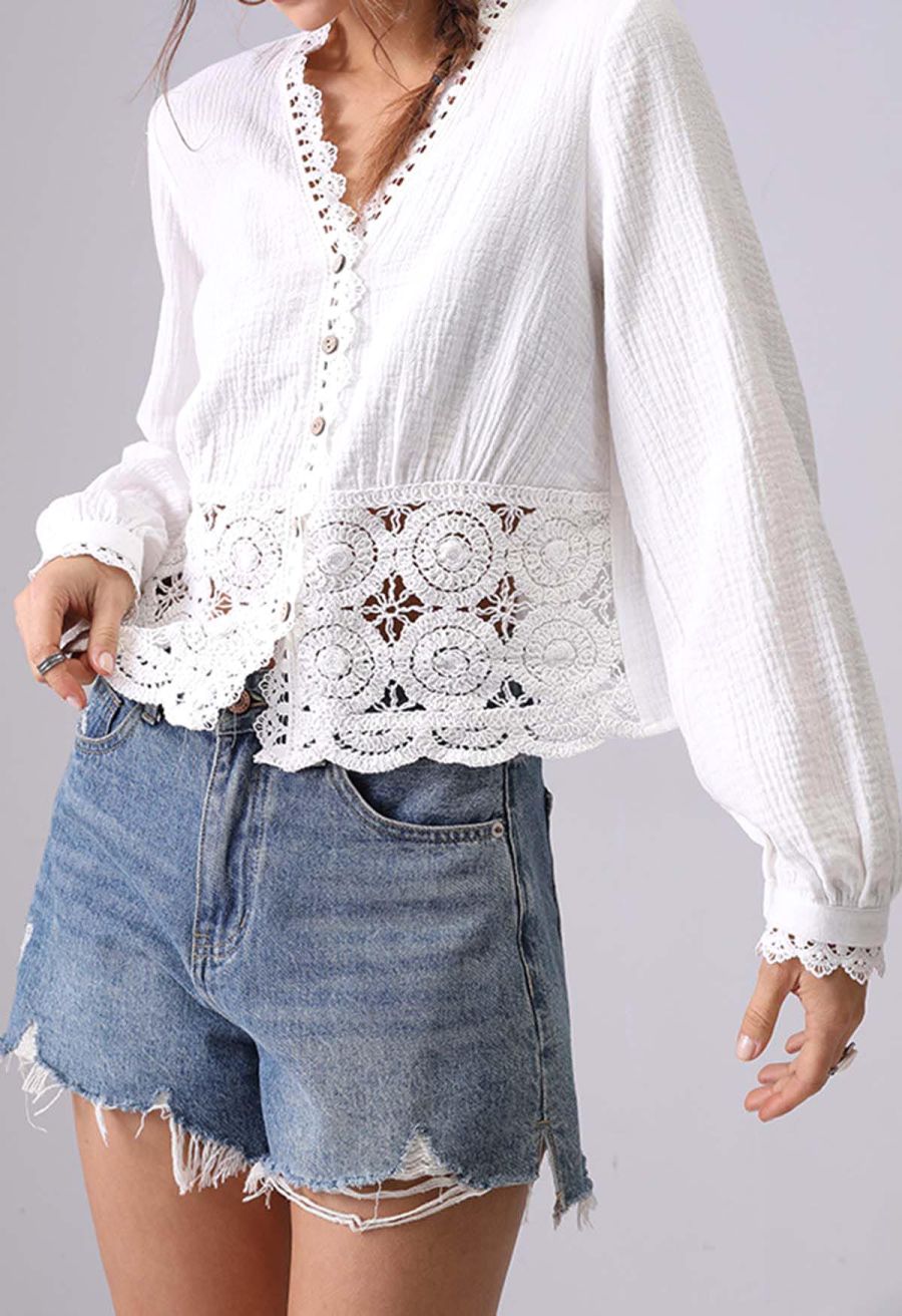 V-Neck Floral Cutwork Lace Trimmed Cotton Top