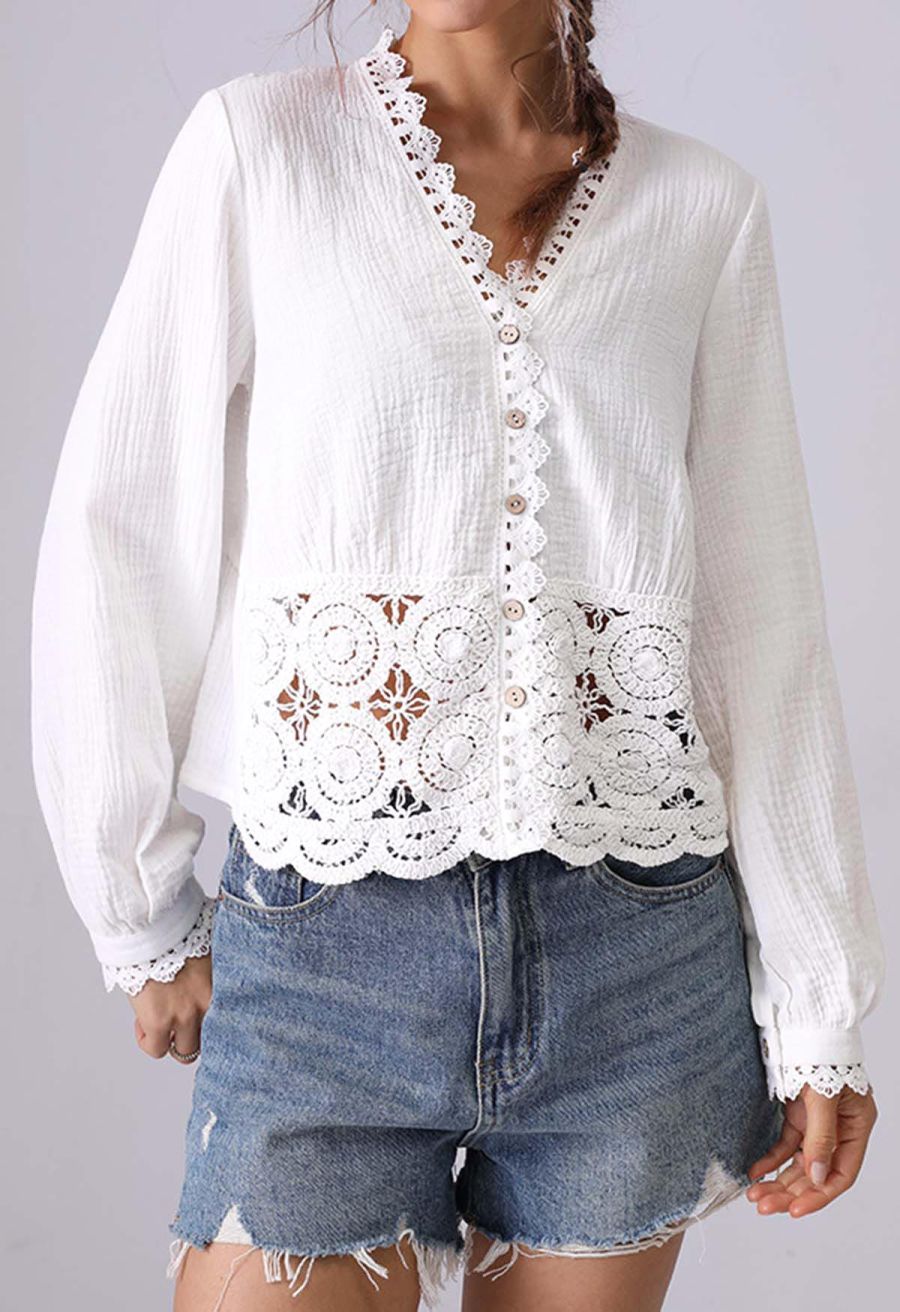 V-Neck Floral Cutwork Lace Trimmed Cotton Top