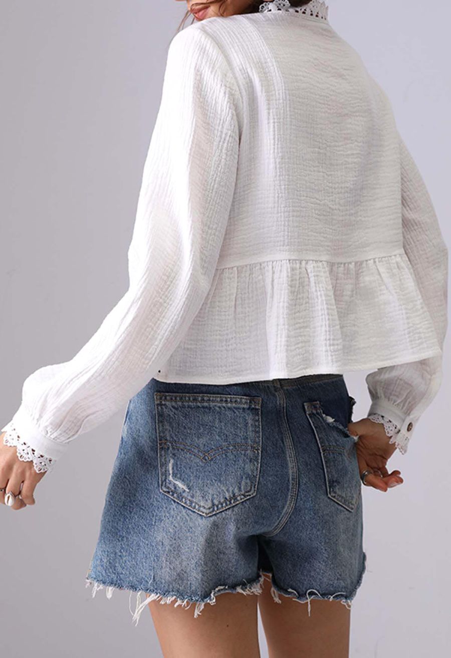 V-Neck Floral Cutwork Lace Trimmed Cotton Top