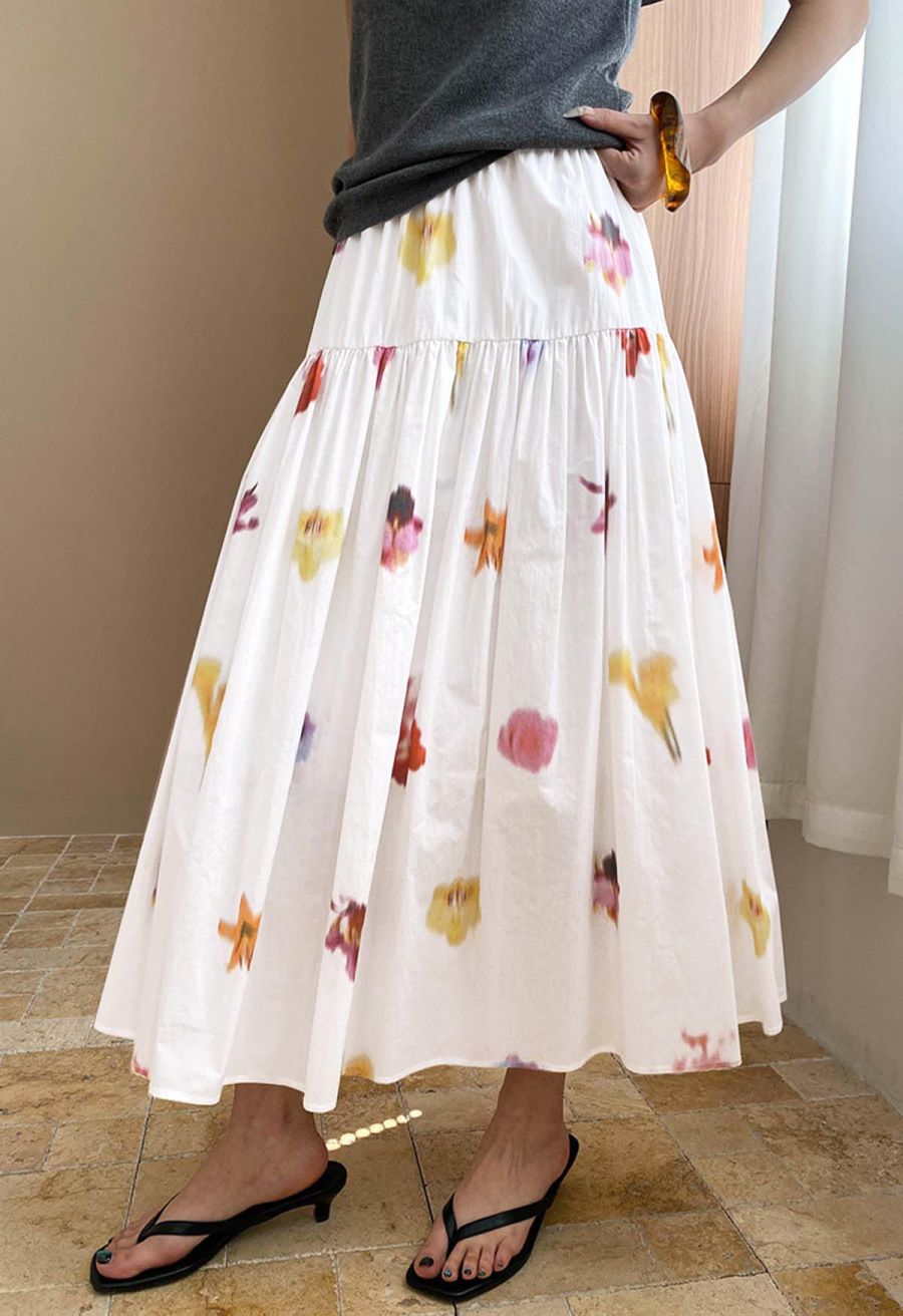 Watercolor Flower Tiered Cotton Maxi Skirt