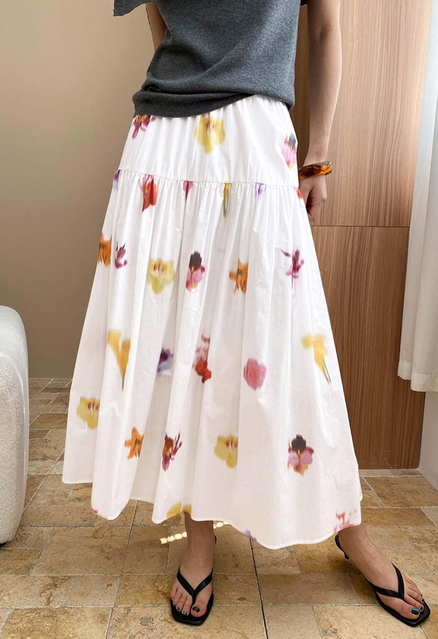 Watercolor Flower Tiered Cotton Maxi Skirt