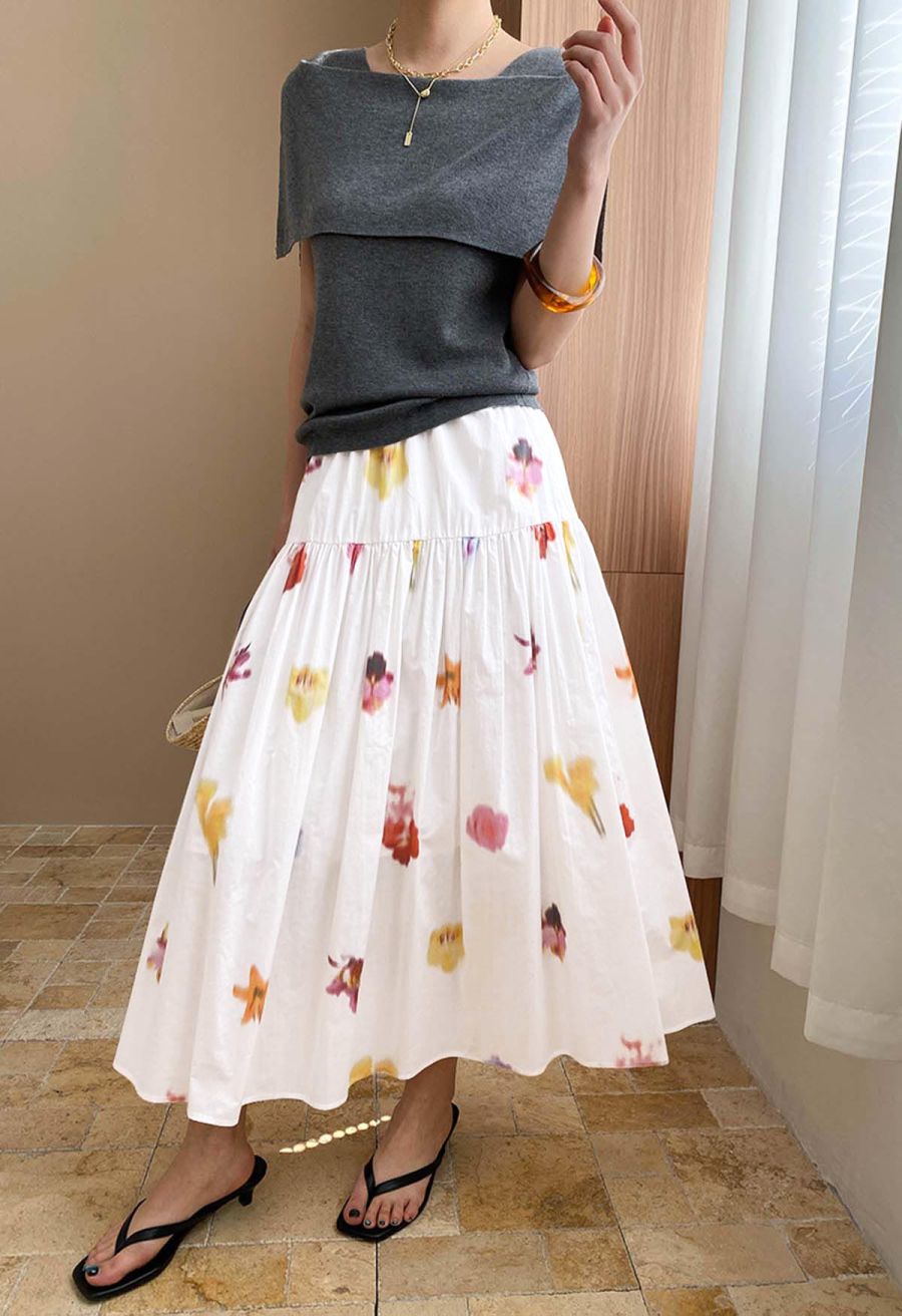 Watercolor Flower Tiered Cotton Maxi Skirt