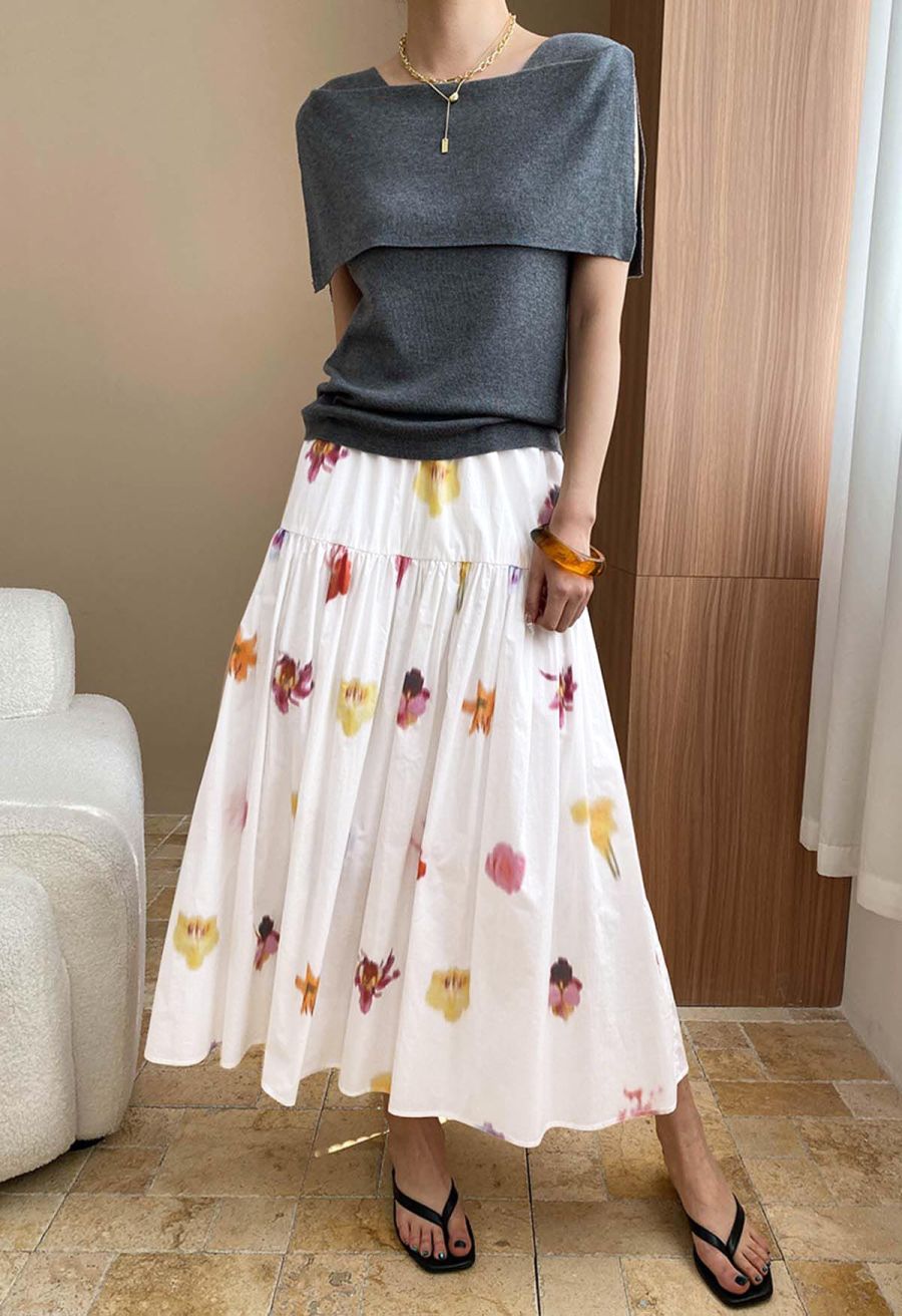 Watercolor Flower Tiered Cotton Maxi Skirt