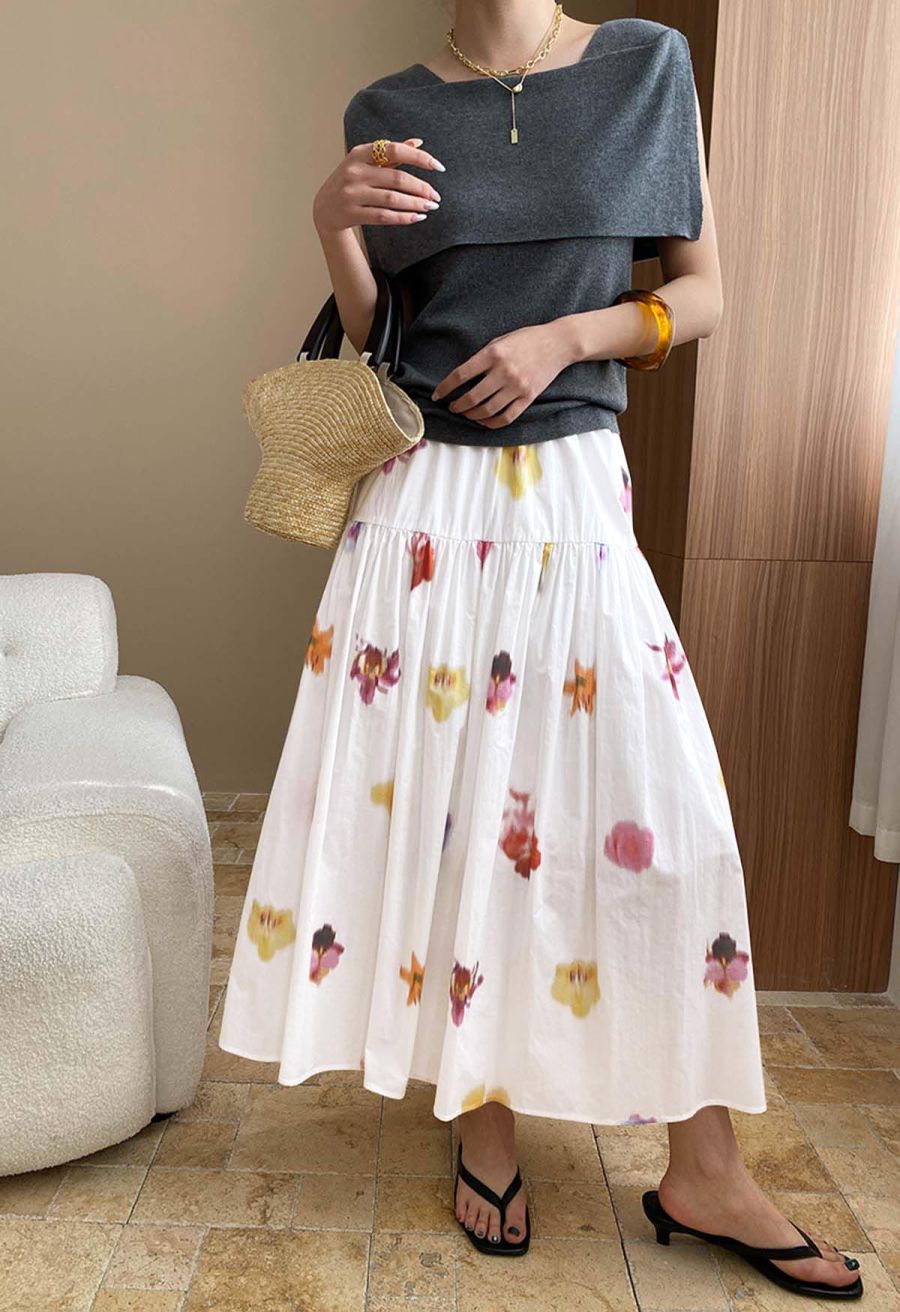 Watercolor Flower Tiered Cotton Maxi Skirt