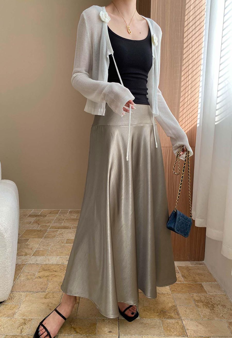 Sleek Satin High Waist A-Line Maxi Skirt in Taupe
