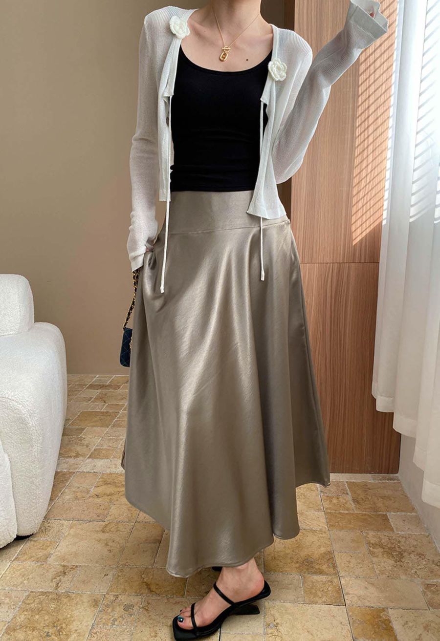 Sleek Satin High Waist A-Line Maxi Skirt in Taupe