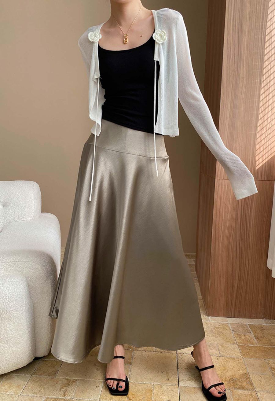 Sleek Satin High Waist A-Line Maxi Skirt in Taupe