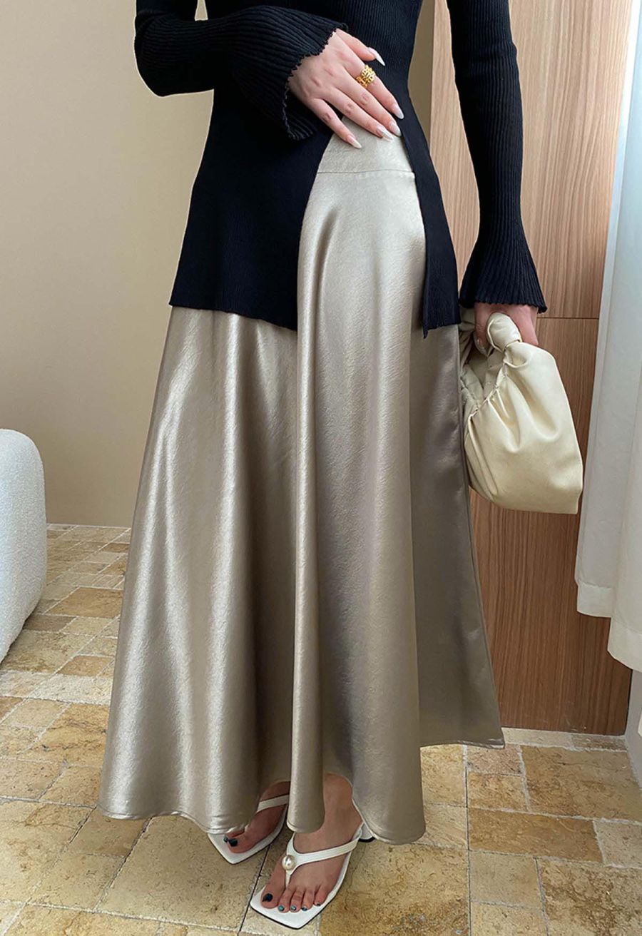Sleek Satin High Waist A-Line Maxi Skirt in Taupe