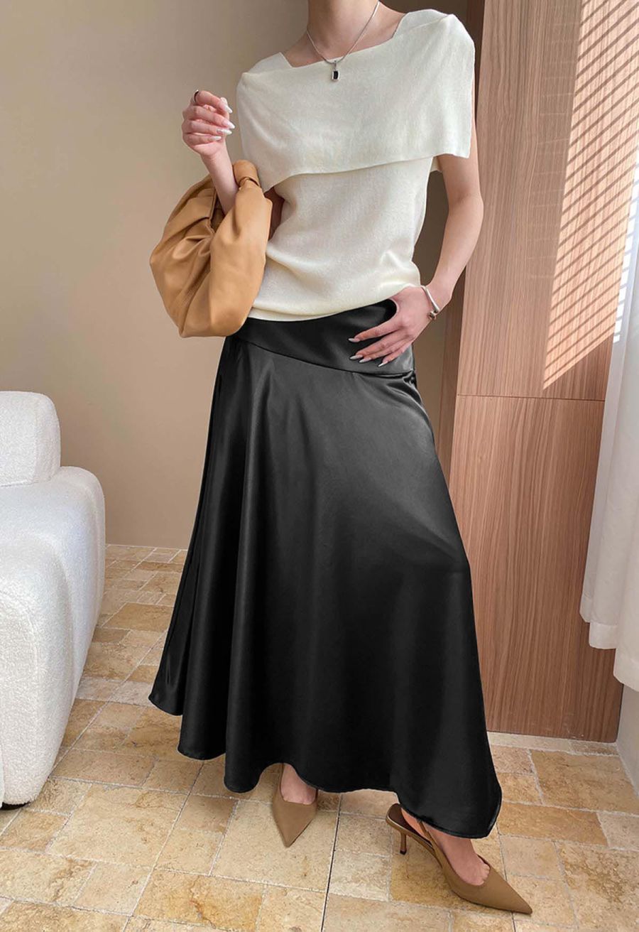 Sleek Satin High Waist A-Line Maxi Skirt in Black