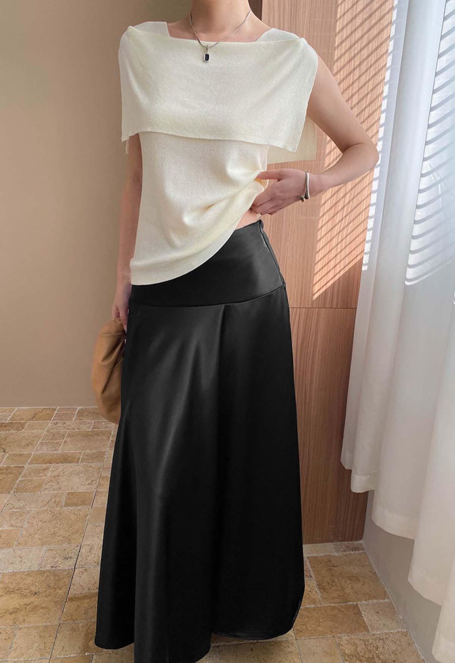 Sleek Satin High Waist A-Line Maxi Skirt in Black