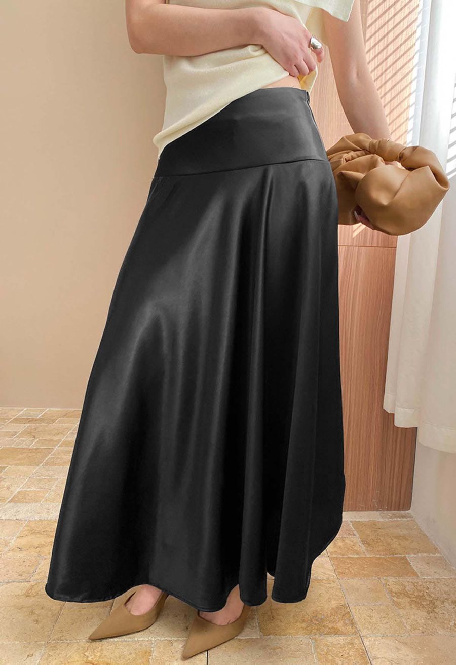 Sleek Satin High Waist A-Line Maxi Skirt in Black
