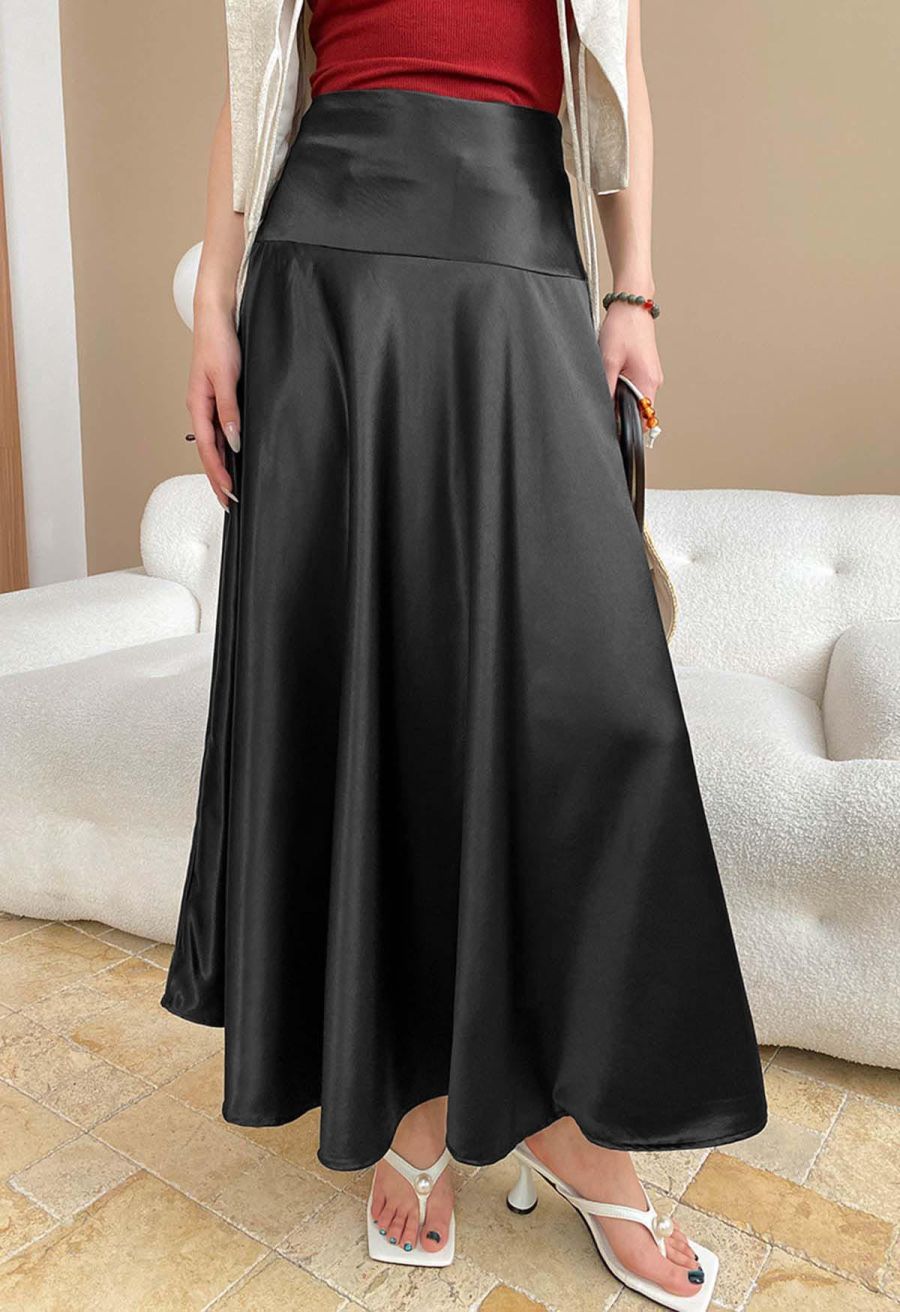 Sleek Satin High Waist A-Line Maxi Skirt in Black
