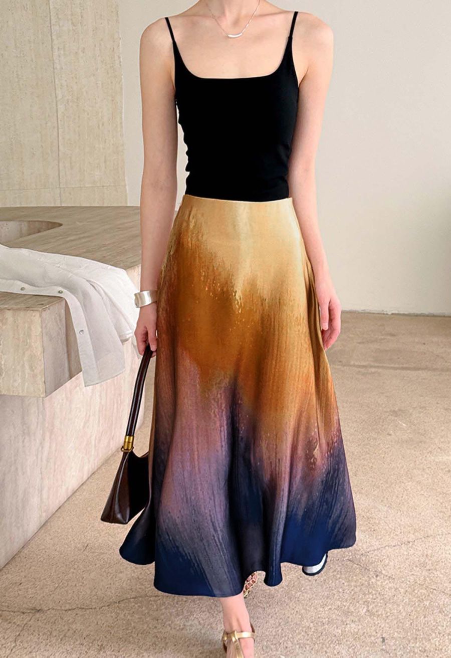 Ombre Dyeing Satin Flare Skirt
