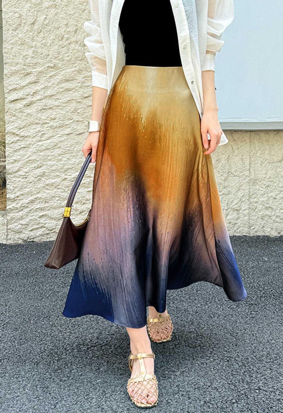 Ombre Dyeing Satin Flare Skirt