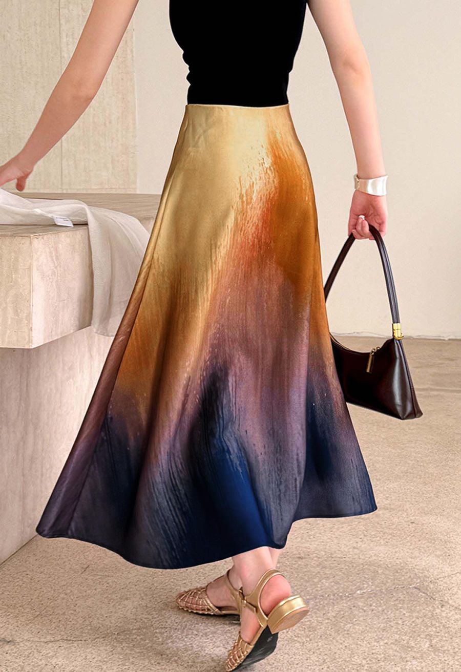 Ombre Dyeing Satin Flare Skirt