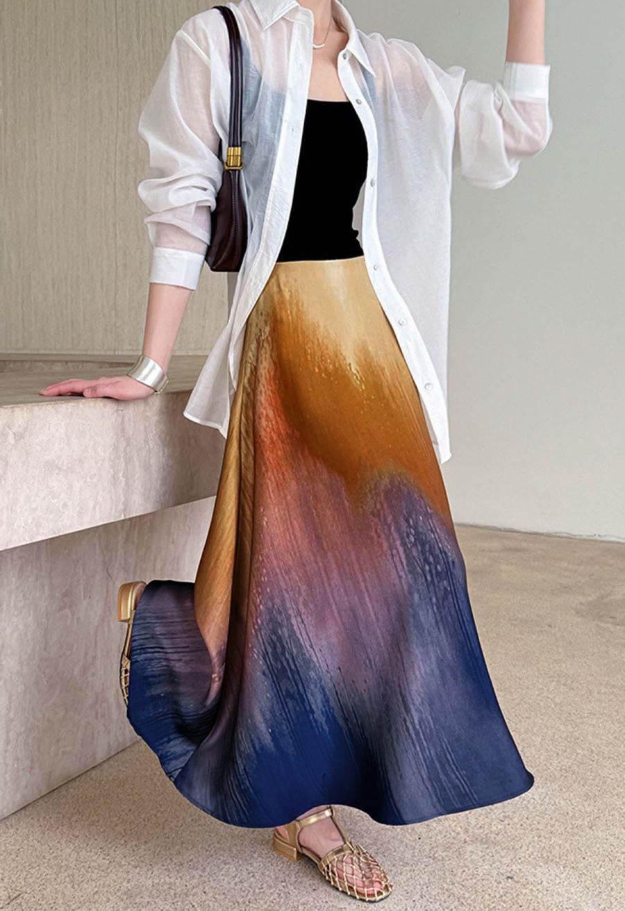 Ombre Dyeing Satin Flare Skirt