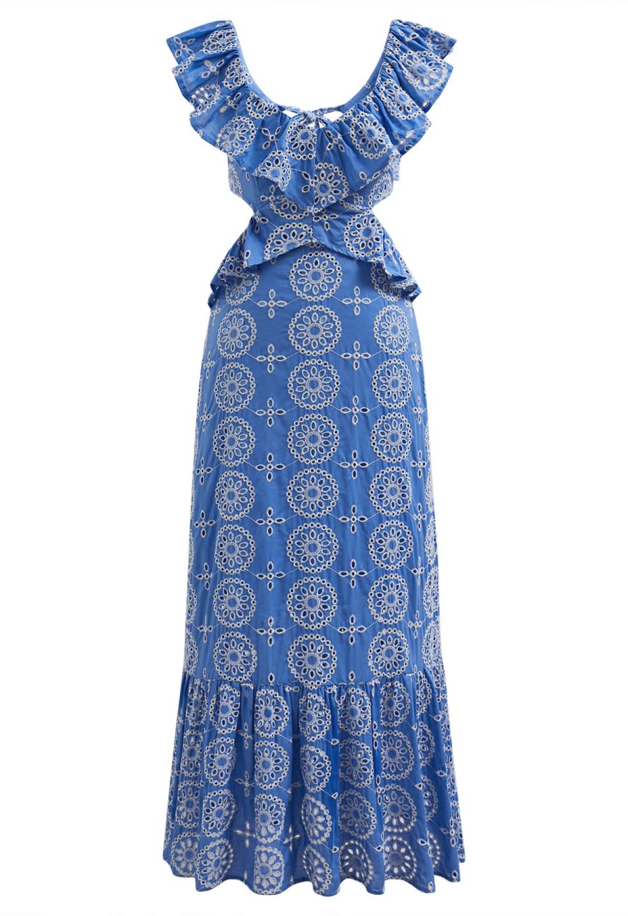 Open Back Ruffle Floral Embroidery Eyelet Maxi Dress