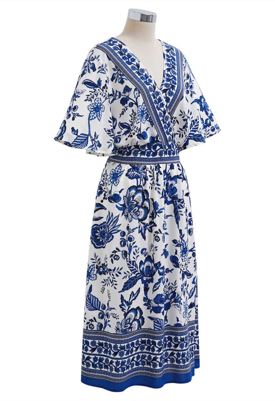 Navy Floral Faux-Wrap Flutter Sleeve Midi Dress