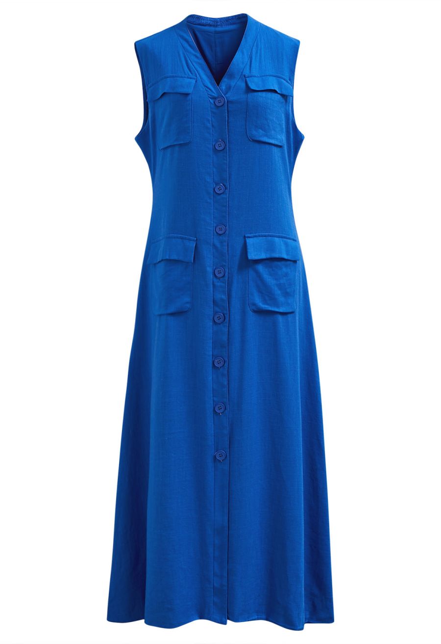 Flap Pocket Button Down Sleeveless Maxi Dress in Indigo