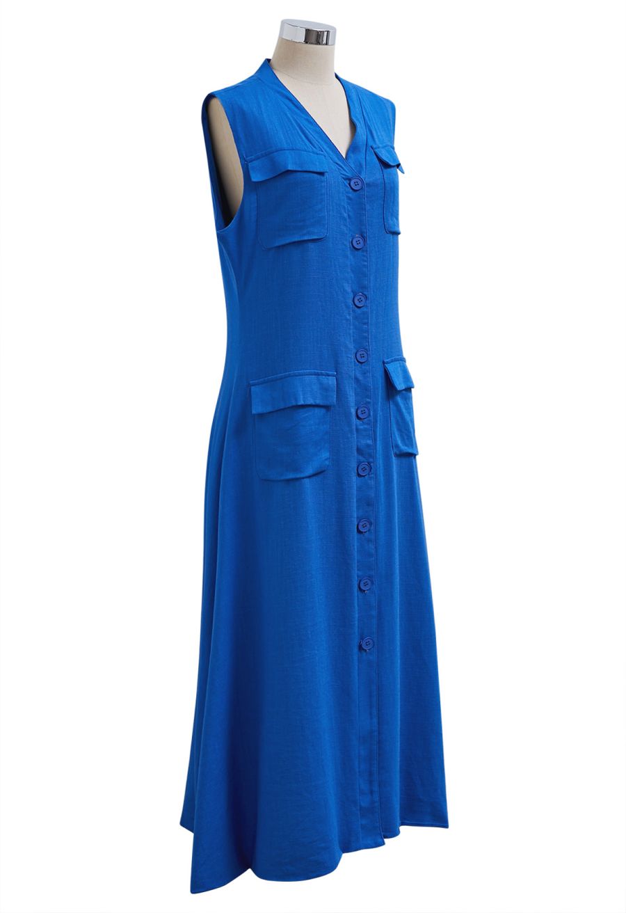 Flap Pocket Button Down Sleeveless Maxi Dress in Indigo