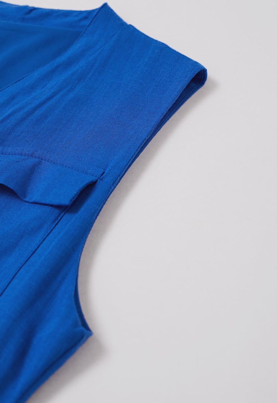 Flap Pocket Button Down Sleeveless Maxi Dress in Indigo
