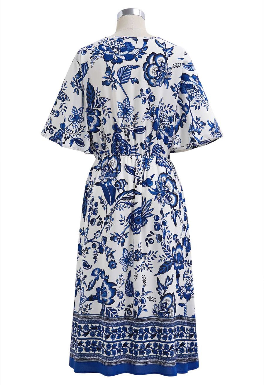 Navy Floral Faux-Wrap Flutter Sleeve Midi Dress