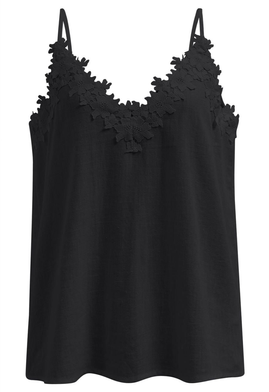 Floral Lace Trimmed Linen-Blend Cami Top in Black