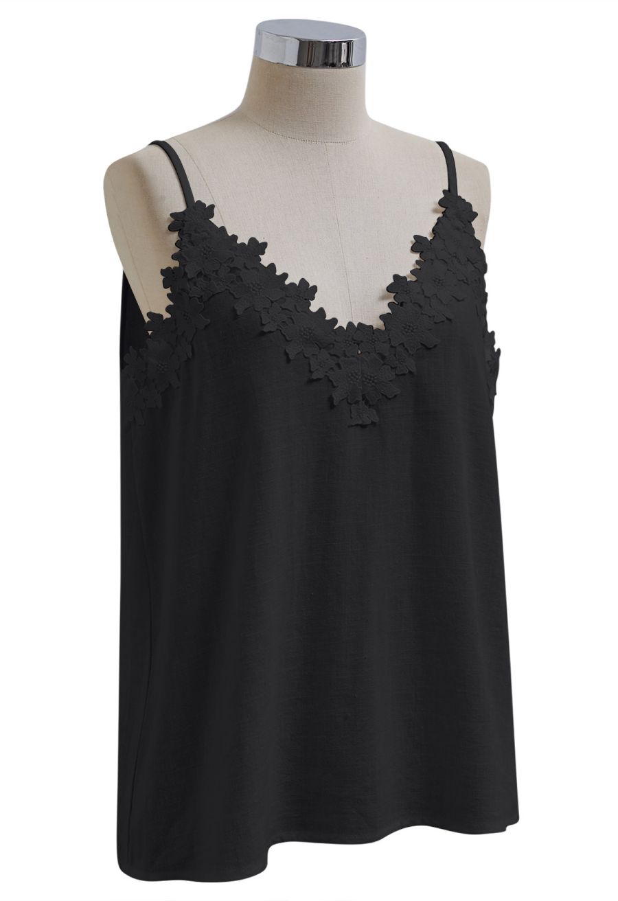 Floral Lace Trimmed Linen-Blend Cami Top in Black