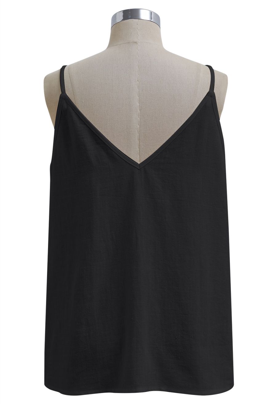 Floral Lace Trimmed Linen-Blend Cami Top in Black