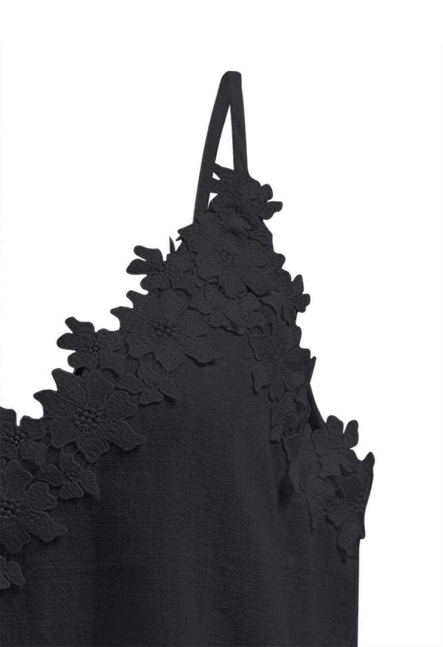 Floral Lace Trimmed Linen-Blend Cami Top in Black