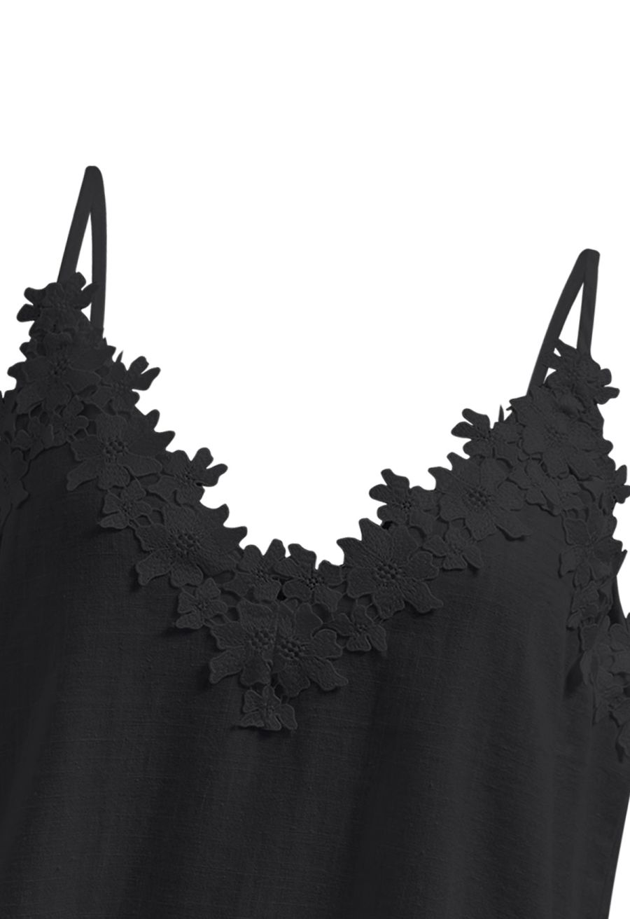 Floral Lace Trimmed Linen-Blend Cami Top in Black