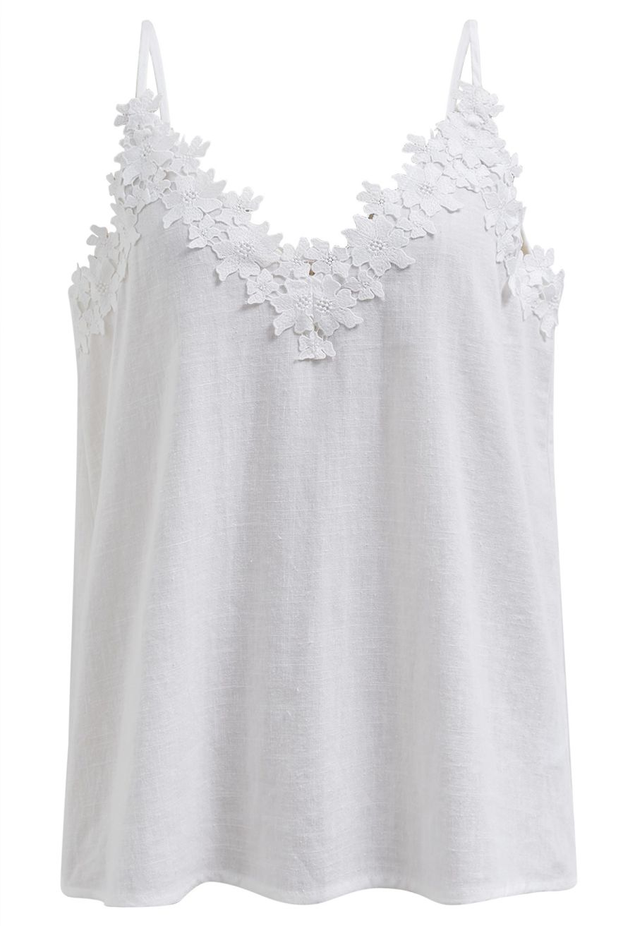 Floral Lace Trimmed Linen-Blend Cami Top in White