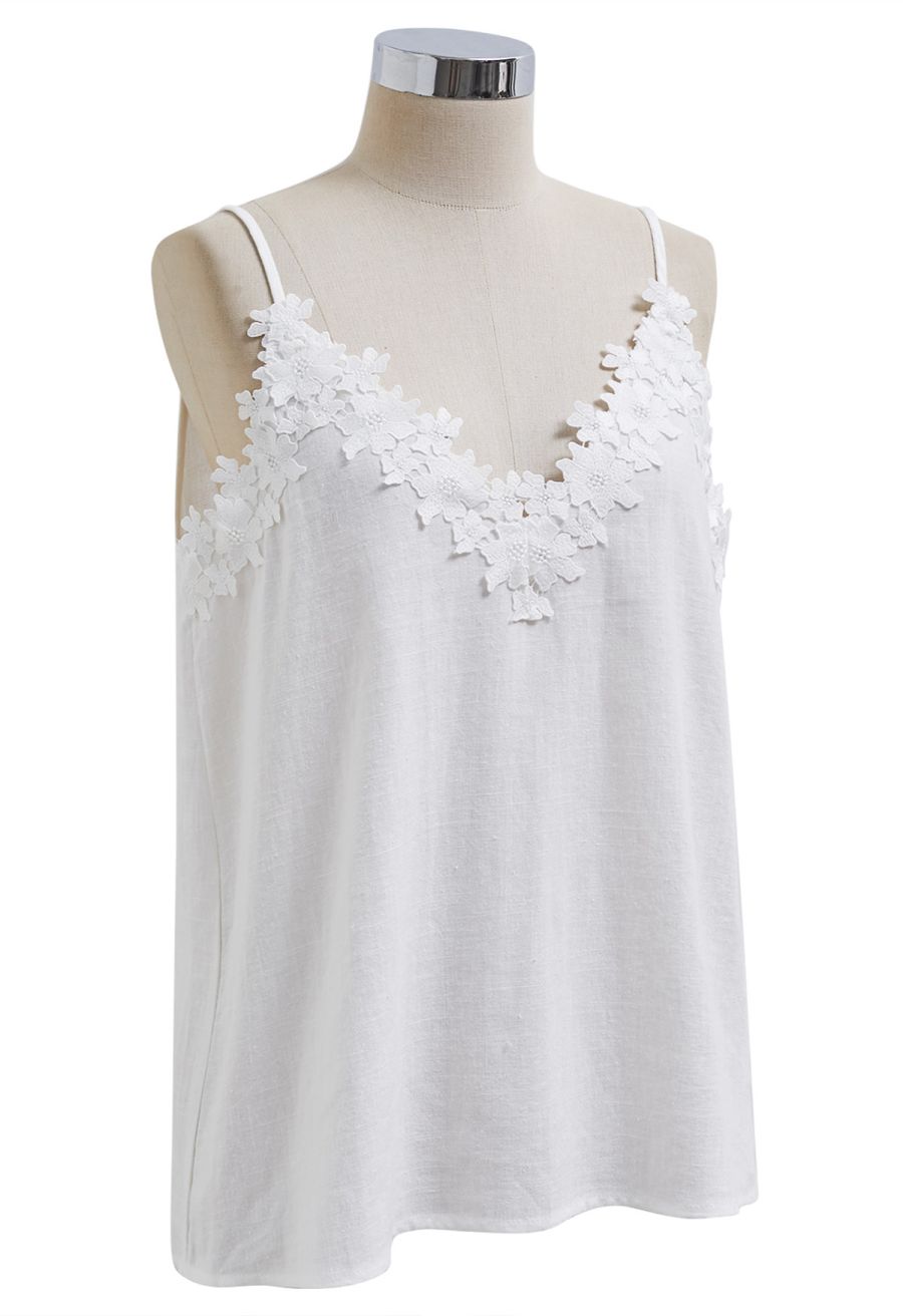 Floral Lace Trimmed Linen-Blend Cami Top in White