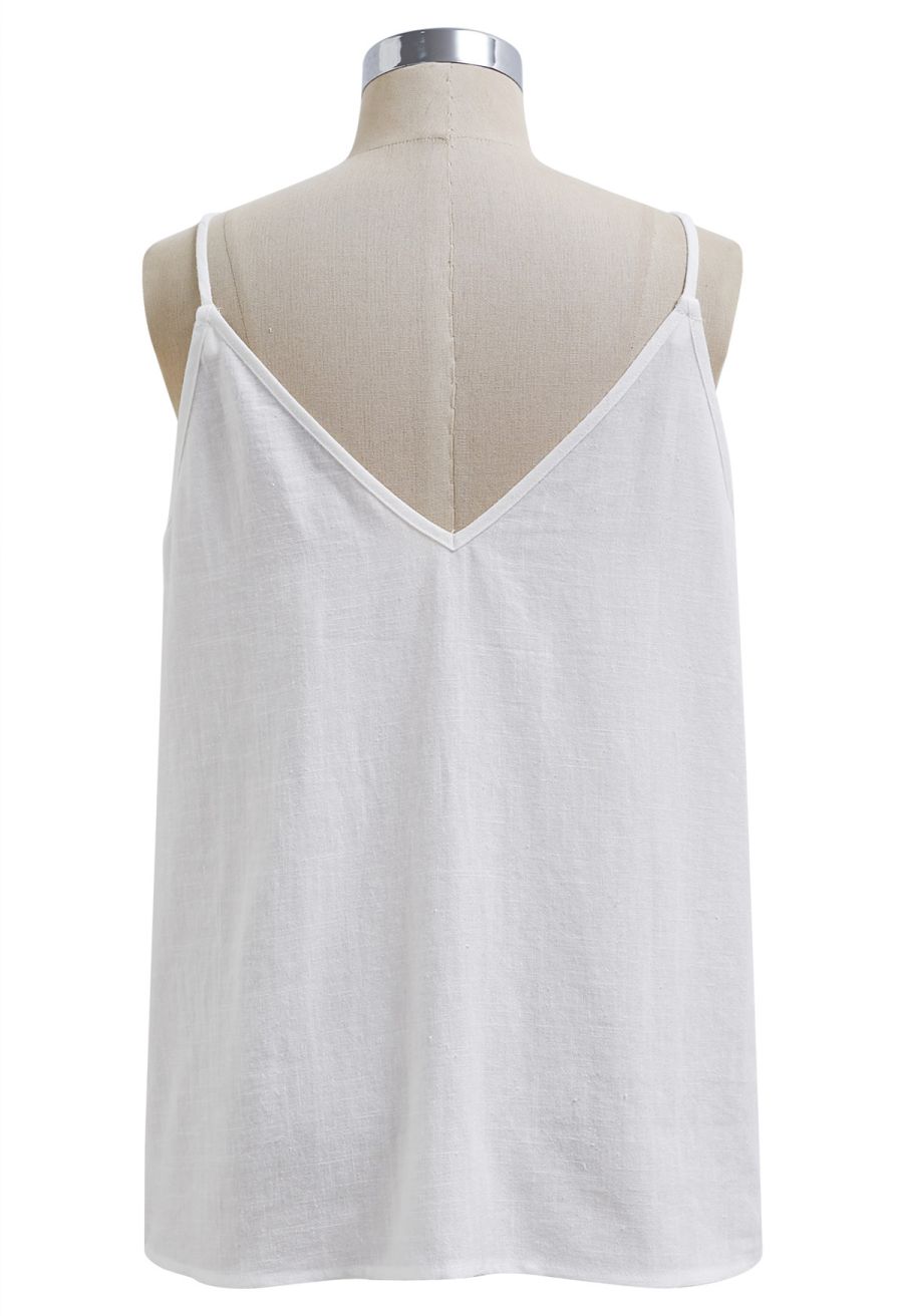 Floral Lace Trimmed Linen-Blend Cami Top in White