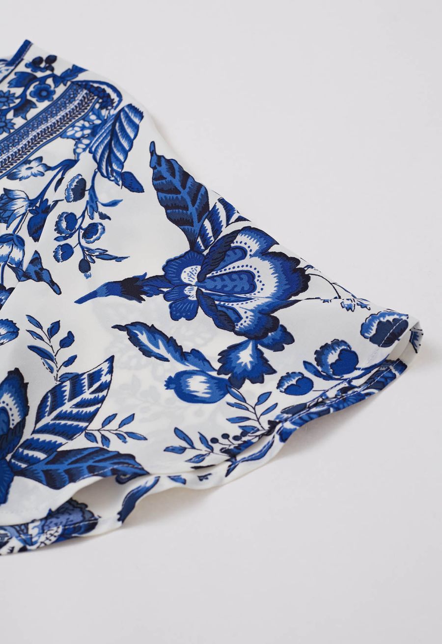 Navy Floral Faux-Wrap Flutter Sleeve Midi Dress