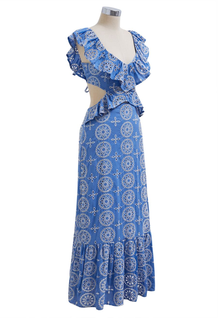 Open Back Ruffle Floral Embroidery Eyelet Maxi Dress
