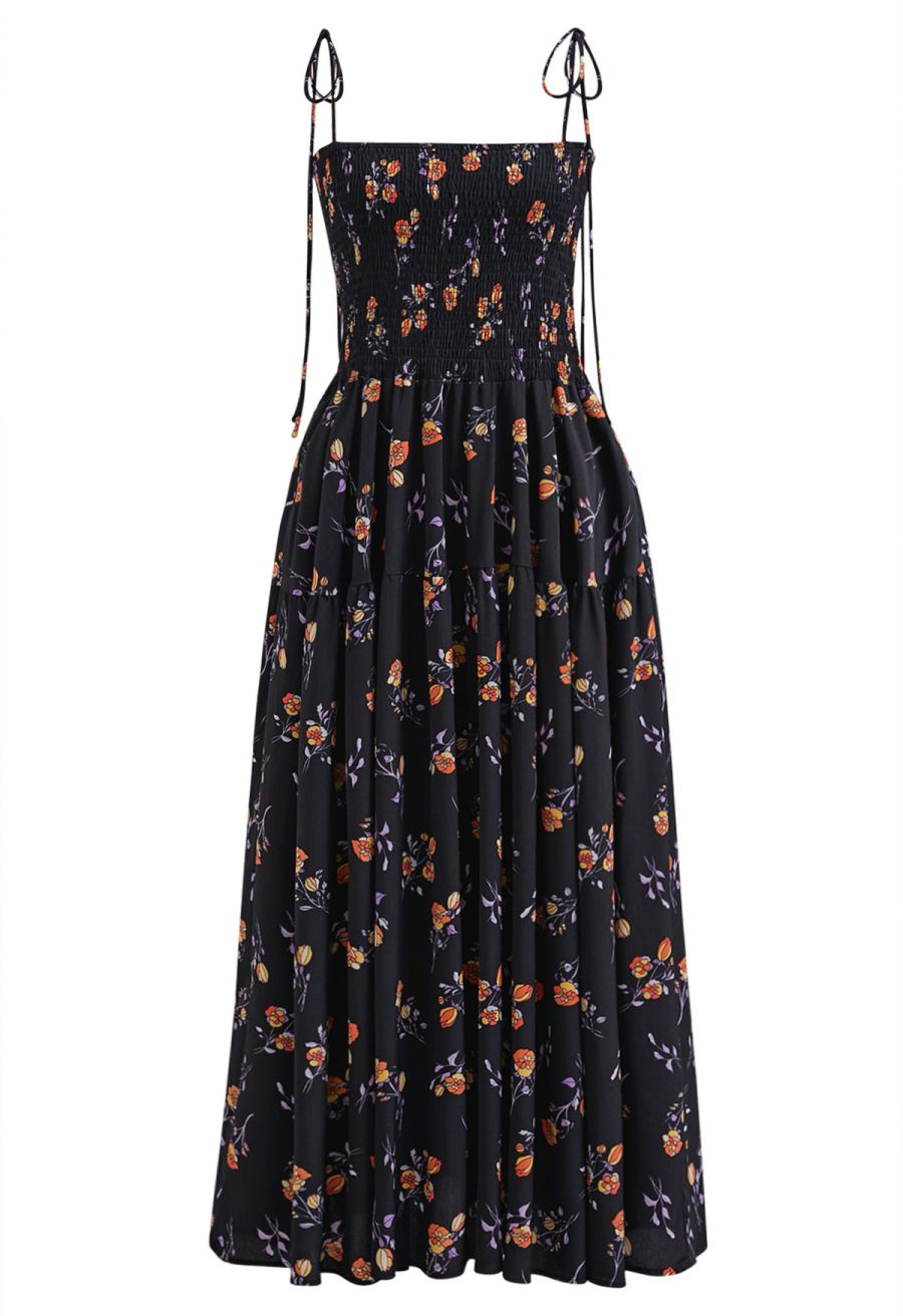 Orange Posy Printed Tie-Shoulder Shirred Dress