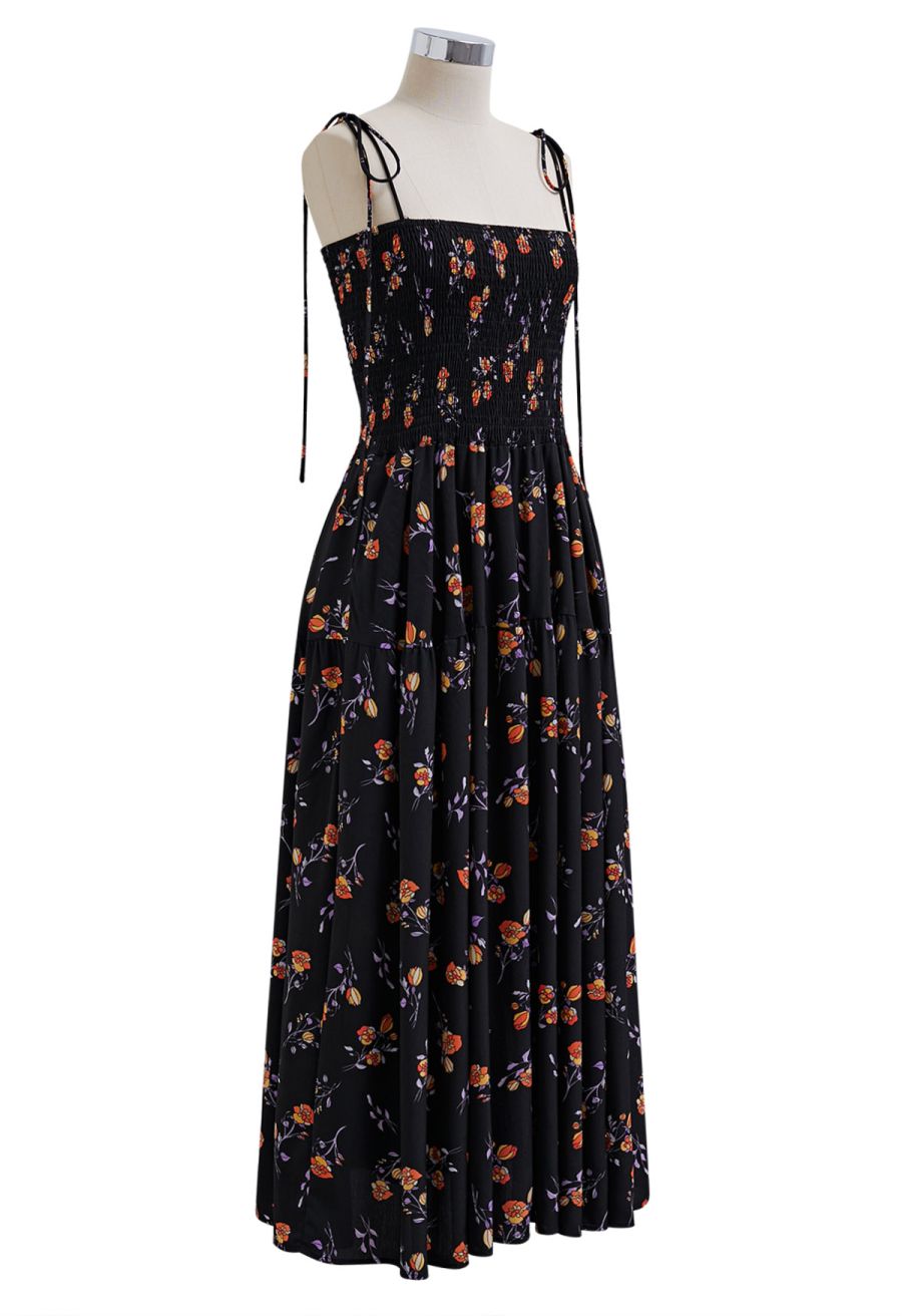 Orange Posy Printed Tie-Shoulder Shirred Dress