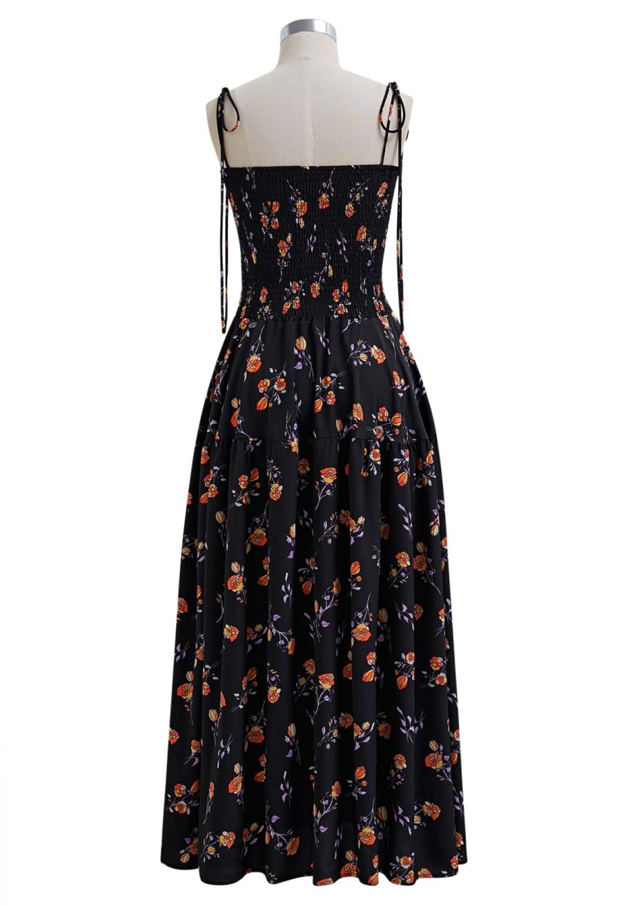 Orange Posy Printed Tie-Shoulder Shirred Dress