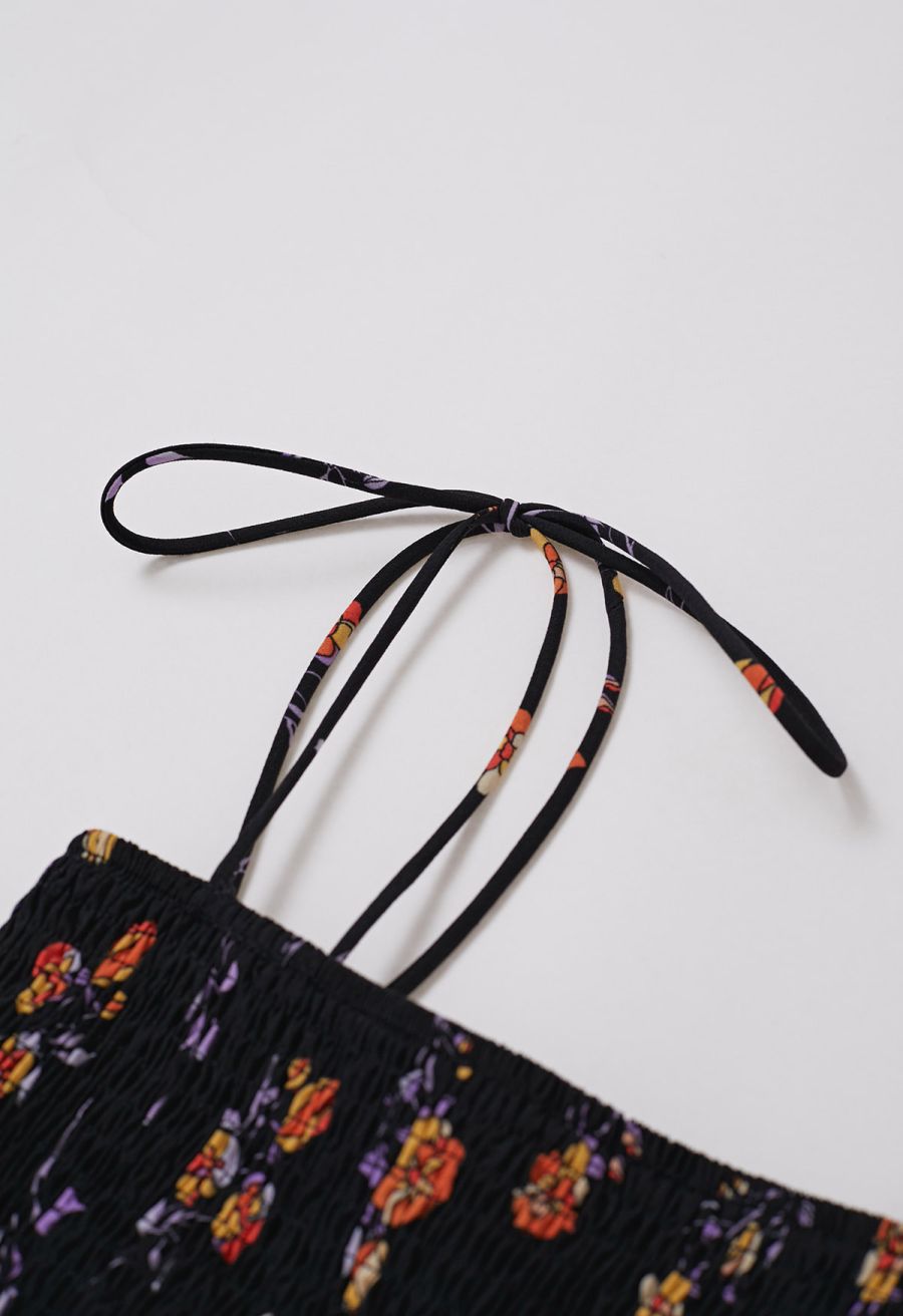 Orange Posy Printed Tie-Shoulder Shirred Dress