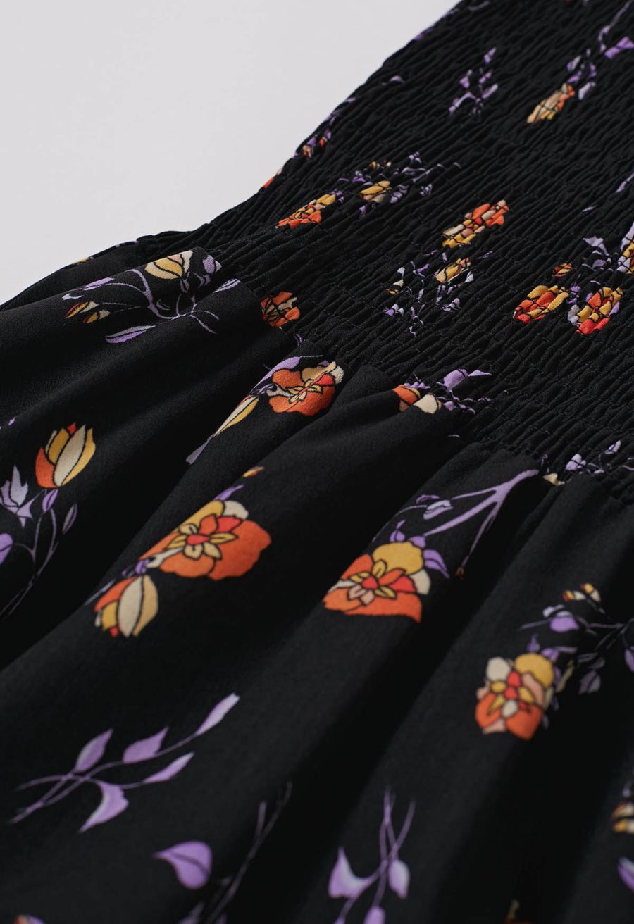 Orange Posy Printed Tie-Shoulder Shirred Dress